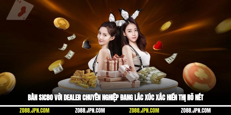 Bàn sicbo với dealer chuyên nghiệp đang lắc xúc xắc, hiển thị rõ nét